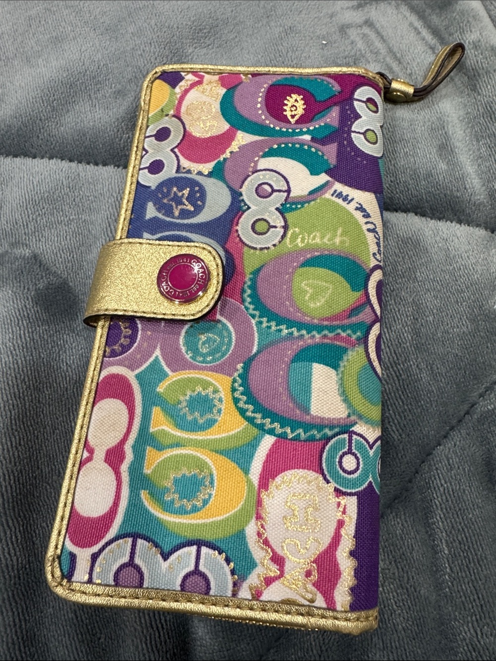Coach Multicolor Circular Print Zip Phone Case with Gold Trim